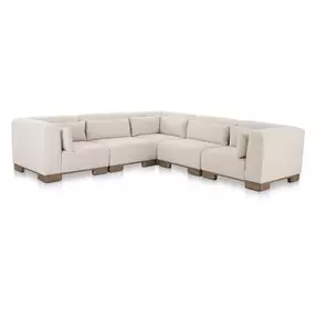 June Oatmeal Performance Fabric 5 Piece Modular Classic L Shaped Sectional with Pillows