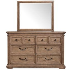 Adler Court Florentine Walnut 6 Drawer Dresser with Rectangular Mirror