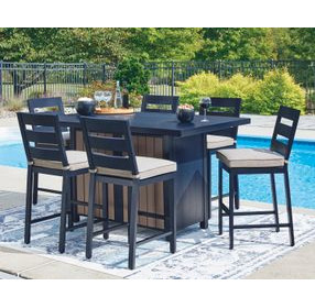 Mabry Shores Navy Blue and Driftwood 70" Rectangular Outdoor Bar Dining Room Set with Fire Pit
