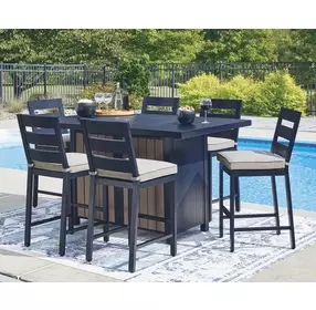 Mabry Shores Navy Blue and Driftwood 70" Rectangular Outdoor Bar Dining Room Set with Fire Pit