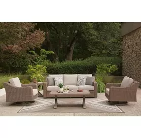 Revare Beach Beige 5-Piece Patio Conversation Set with Sofa, 2 Lounge Chairs, Coffee and End Tables