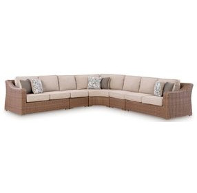 Carmel Bay Beige Performance Fabric 5 Piece Outdoor Modular Sectional with Pillows