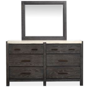 Foxrun Hollow Ravenwood Black and White 6 Drawer Marble Top Dresser with Rectangular Mirror