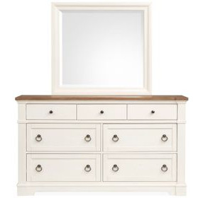 Crownfall Whisper White and Cerused Nutmeg 7 Drawer Dresser with Rectangular Mirror