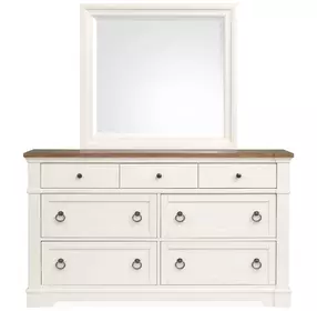 Crownfall Whisper White and Cerused Nutmeg 7 Drawer Dresser with Rectangular Mirror