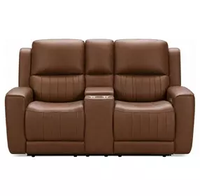 Pierce Homerun Cinnamon Leather 76" Zero Gravity Power Reclining Console Loveseat with Power Lumbar and USB Charging