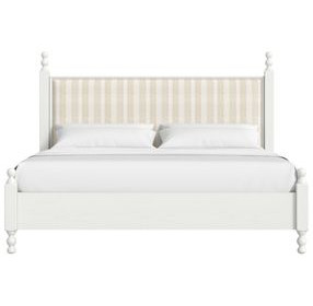 Haven Warm White King Upholstered Finial Poster Bed