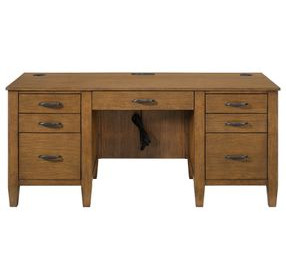 Beth Brown Oak Double Pedestal Desk with USB Charging