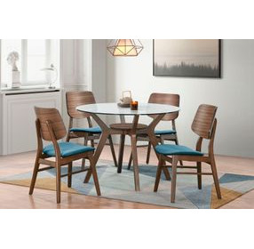 Oscar Walnut and Teal 42" Round Glass Top Dining Set with 4 Cushion Chairs