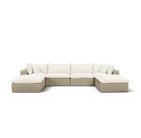 Cali Natural Performance Fabric & Natural Wicker Modular Outdoor U-Chaise Sectional