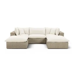 Cali Natural Performance Fabric & Natural Wicker Modular Outdoor Small U-Chaise Sectional