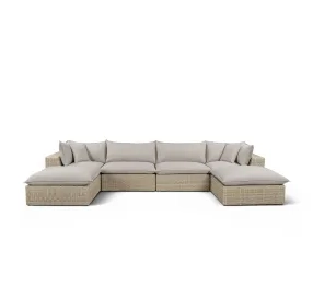 Cali Light Gray Fabric & Natural Wicker Modular Outdoor U-Chaise Sectional