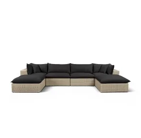 Cali Black Fabric & Natural Wicker Modular Outdoor U-Chaise Sectional
