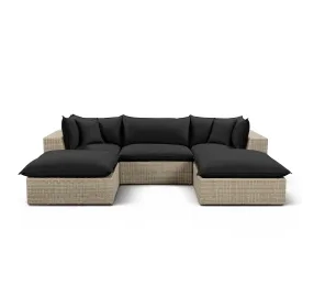 Cali Black Fabric & Natural Wicker Modular Outdoor Small U-Chaise Sectional