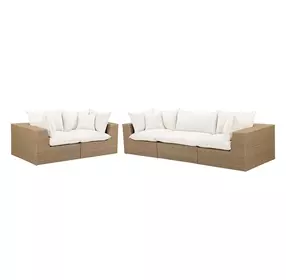 Cali Natural Performance Fabric & Brown Wicker Modular Outdoor Conversation Set