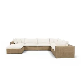 Cali Natural Performance Fabric & Brown Wicker Modular Outdoor Large Chaise Sectional