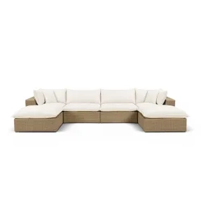 Cali Natural Performance Fabric & Brown Wicker Modular Outdoor U-Chaise Sectional