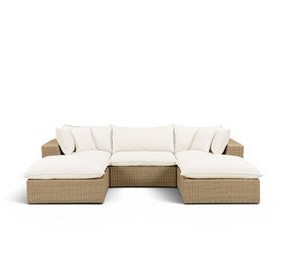 Cali Natural Performance Fabric & Brown Wicker Modular Outdoor Small U-Chaise Sectional