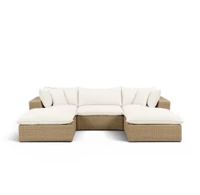 Cali Natural Performance Fabric & Brown Wicker Modular Outdoor Small U-Chaise Sectional