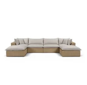 Cali Light Gray Fabric & Brown Wicker Modular Outdoor U-Chaise Sectional