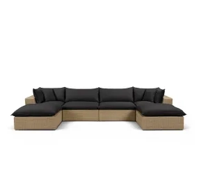 Cali Black Fabric & Brown Wicker Modular Outdoor U-Chaise Sectional