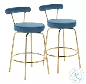 Rhonda Gold Metal And Blue Velvet Swivel Counter Height Stool Set Of 2
