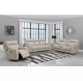 Bryluxe Taupe Leather Lay Flat Power Reclining Living Room Set with USB Charging