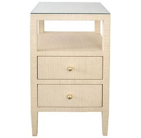 Roscoe Natural Grasscloth Square 2 Drawer Glass Top Side Table