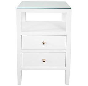Roscoe White Lacquer Square 2 Drawer Glass Top Side Table