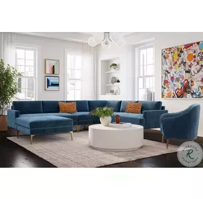 Serena Blue Velvet Large Chaise Sectional with Brass Legs