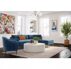Serena Blue Velvet RAF Chaise Sectional with Brass Legs