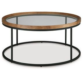 Noraluna Medium Brown and Black Round Glass Top Cocktail Table