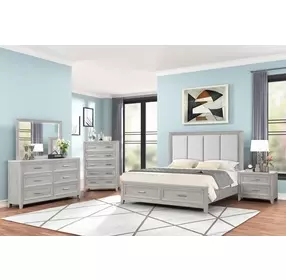 Fiona Mist Gray Upholstered Storage Panel Bedroom Set