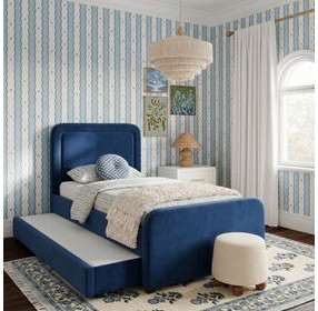 Briella Navy Blue Performance Velvet Upholstered Panel Storage Trundle Bedroom Set
