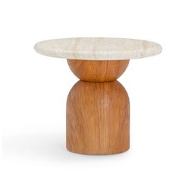 Cynthia Brown and Travertine Round Concrete Stone Top Outdoor Side Table