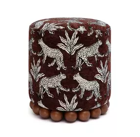 Dex Brown and White Leopard Jacquard Performance Fabric Upholstered Round Ottoman