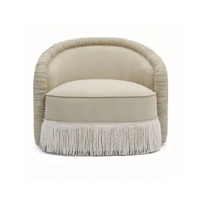 Pamela Tan Performance Fabric Upholstered Swivel Tassel Lounge Chair