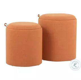 Tray Orange Fabric And Natural Wood Nesting Ottoman Set of 2