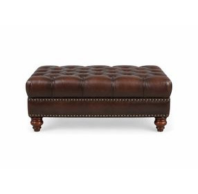 Waverly Caramel Leather Upholstered Rectangular Ottoman with Nailhead Trim