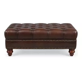 Waverly Caramel Leather Upholstered Rectangular Ottoman with Nailhead Trim
