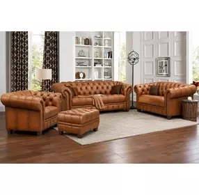 Haworth Saddle Leather Living Room Set with Nailhead Trim