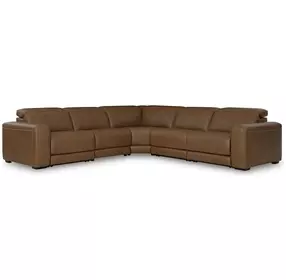 Rally-Up Caramel Leather 5 Piece Modular Power Reclining Sectional with USB Charging