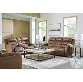 Dreamer Caramel Leather Power Reclining Living Room Set with Audio Seating