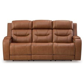 Dreamer Caramel Leather Power Reclining Sofa with Audio Seating