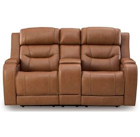 Dreamer Caramel Leather Power Reclining Loveseat with Audio Seating