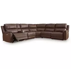 Beryton Espresso Leather 6 Piece Modular Power Reclining Sectional with Storage Console and USB Charging