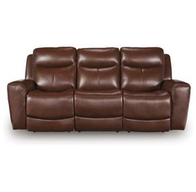 Mighty Moves Mahogany Leather 88" Power Reclining Sofa with USB Charging