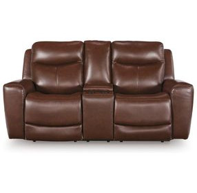 Mighty Moves Mahogany Leather 78" Power Reclining Loveseat with Console and USB Charging