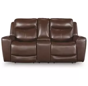 Momentum Moves Mahogany Leather 78" Power Reclining Loveseat with Console and USB Charging