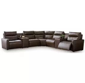ModZ Chocolate Leather 7 Piece Modular Power Reclining Sectional with Audio Console and USB Charging